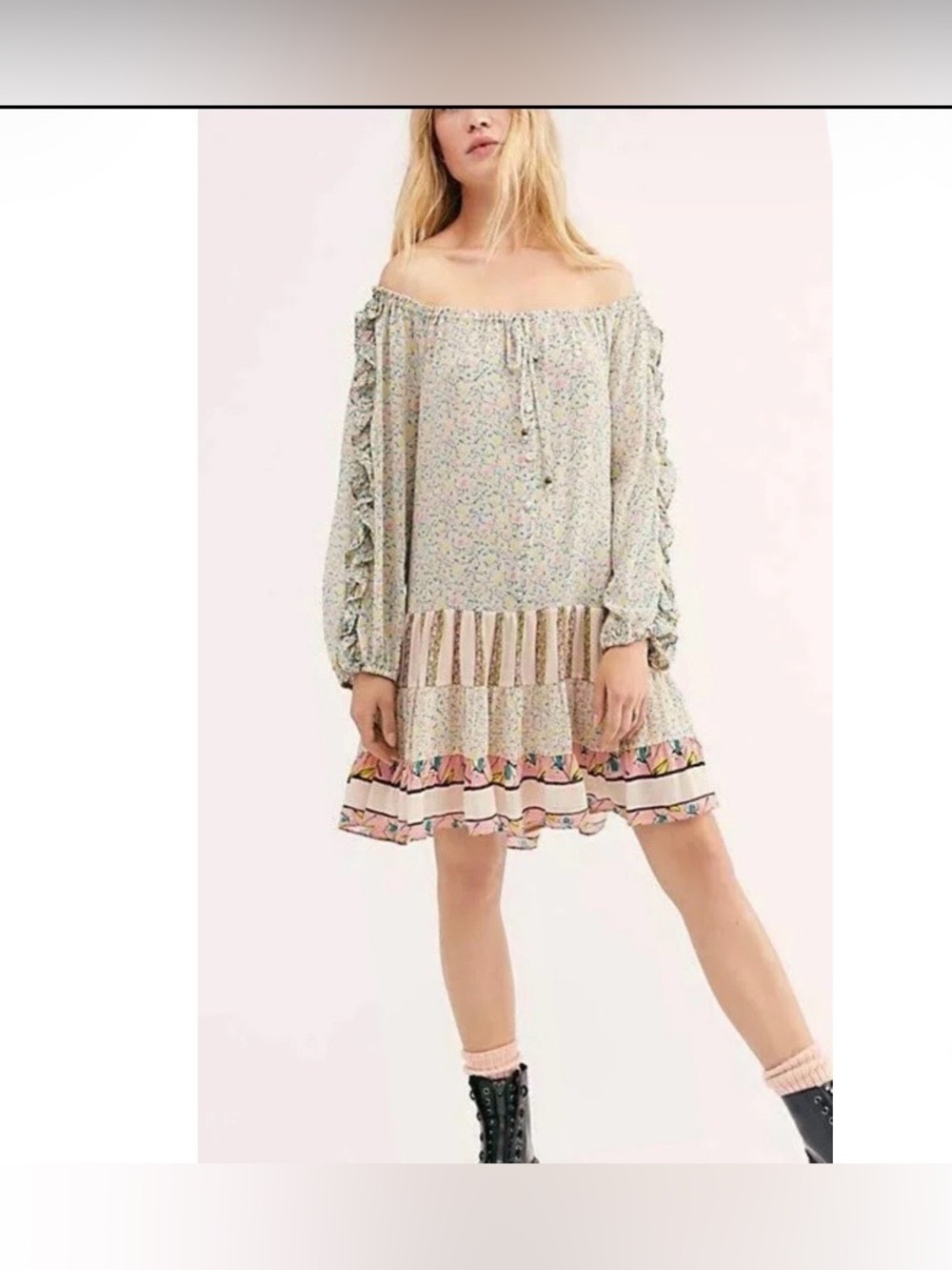 Free People Blush Floral Off-Shoulder Tiered Mini Dress